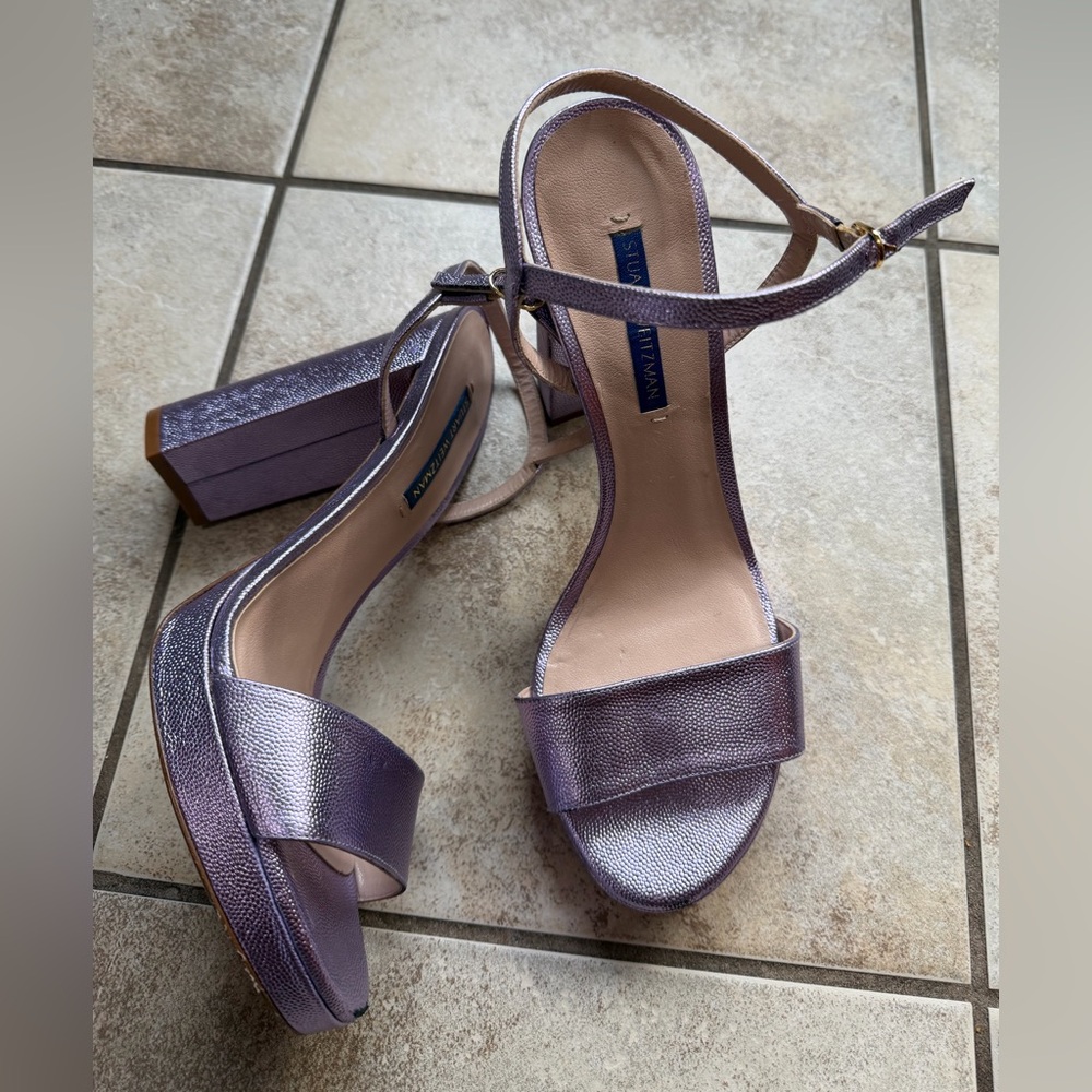 Stuart Weitzman Whimsigoth Metallic Purple Block Heel Sandal